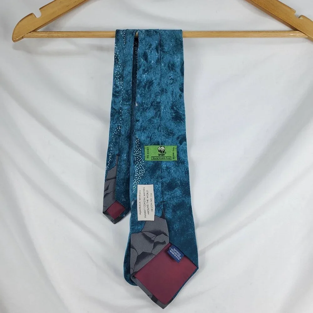 World Wildlife Fund Men's Blue Designer Tie Silk Humpback Whale Print (C-6) - Picture 8 of 10